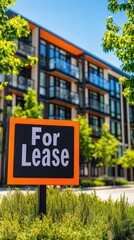 Obraz premium For Lease Sign in Front of Modern Apartment Building