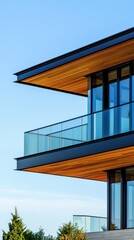 Modern Building with Glass Balconies and Wooden Accents

