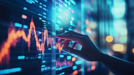 Hand interacting with digital financial chart on high-tech screen