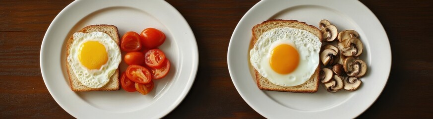 Fototapeta premium Three plates with fried eggs, toast, tomatoes, and mushrooms.