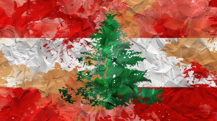Abstract painted Lebanese flag with green cedar tree on textured background
