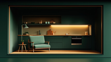 Modern kitchen interior with teal cabinets, open shelving, integrated oven, and stylish green armchair under warm lighting