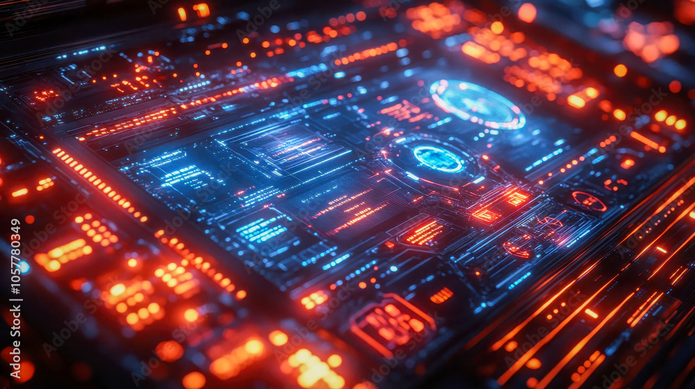 Poster a detailed sci-fi digital screen with glowing red and blue components, emphasizing modern tech and d