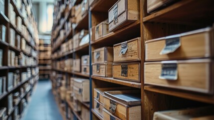 Fototapeta premium Vintage archive boxes on wooden shelves in a quiet library setting