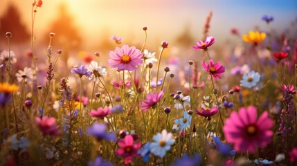Fototapeta premium Photograph of a vibrant wildflower meadow in full bloom, basking under the warm glow of a summer sun.