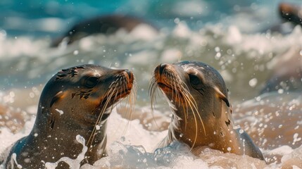 Fototapeta premium Playful sea lions frolicking in the surf with a backdrop of sandy beach and tranquil, azure waters.