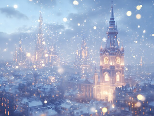 Fototapeta premium Magical Snowy Cityscape with Illuminated Towers and Falling Snow