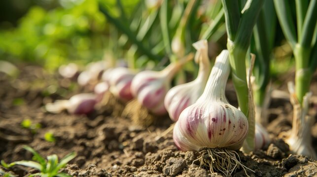Planting garlic in a vegetable garden during spring or fall.