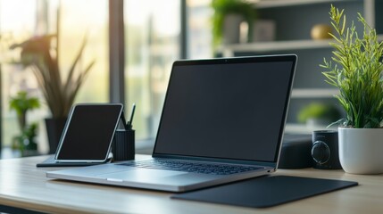 Professional workspace monitor laptop tablet smartphone on desk with free space