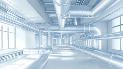 Industrial interior with many pipes and a window.