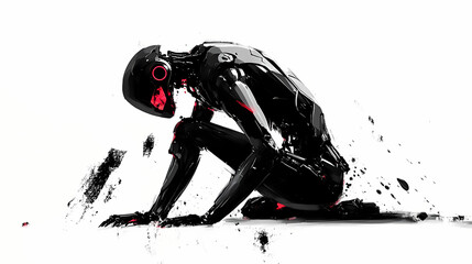 Master robot is trying to get up in white background. generative ai. Cyborg Assassin. Illustration