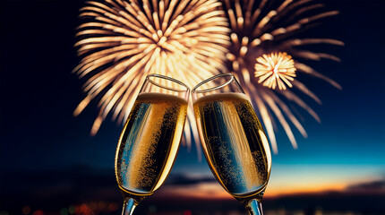 Fireworks and Champaign Glasses Horizontal Format