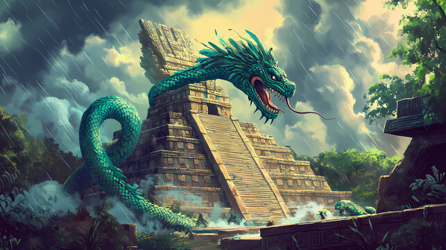 Mayan god kukulkan ( the feathered serpent god, similar to the aztec god quetzalcoatl. kukulkan was associated with wind and rain). Aztec Temple Ceremony. Illustration