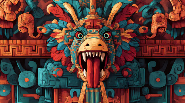 Mayan god kukulkan ( the feathered serpent god, similar to the aztec god quetzalcoatl. kukulkan was associated with wind and rain). Aztec Temple Ceremony. Illustration
