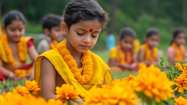 Vasant Panchami, children and adults dressed in traditional yellow clothes, gather in the ground to sing puja songs, Ai generated images