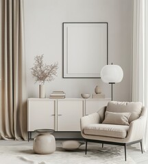 Minimalist living room interior with a cozy armchair. a side table. a cabinet. a lamp and a picture frame