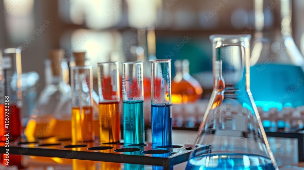 Poster research team conducting experiments at laboratory benches, with various scientific instruments and 