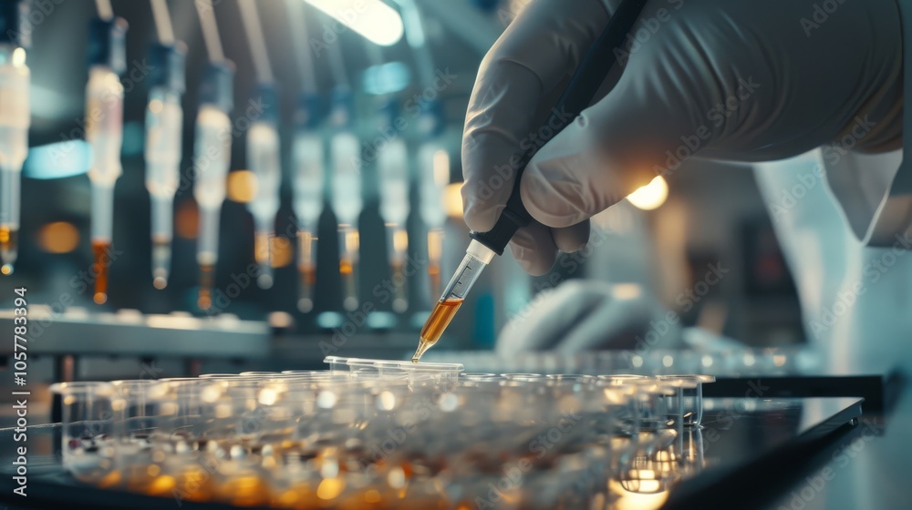 Poster Researcher filling microplate using pipette in a high-tech laboratory