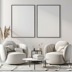 Minimalist living room interior with two white armchairs. a coffee table. and two empty frames on the wall