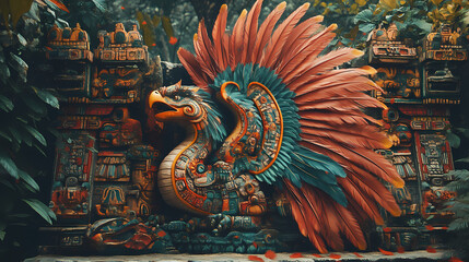 Obraz premium Mayan god kukulkan ( the feathered serpent god, similar to the aztec god quetzalcoatl. kukulkan was associated with wind and rain). Aztec Temple Ceremony. Illustration