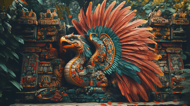 Mayan god kukulkan ( the feathered serpent god, similar to the aztec god quetzalcoatl. kukulkan was associated with wind and rain). Aztec Temple Ceremony. Illustration
