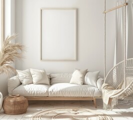 A cozy living room interior with a white sofa. a hanging chair. and a blank canvas. perfect for showcasing artwork or design