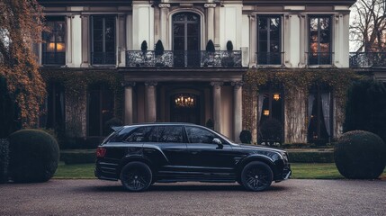 Black SUV parked in front of a large, elegant mansion.