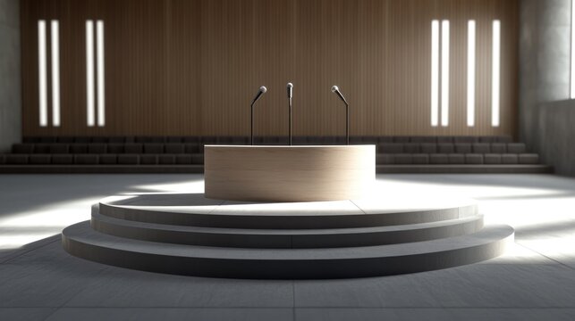 A minimalist podium with three microphones in a large hall with rows of seats.