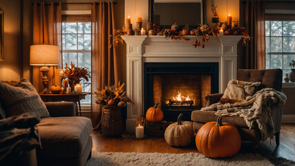 A cozy autumn living room with a roaring fireplace, decorated with pumpkins, dried leaves, and pinecones. Soft lighting casts a warm glow, with wool blankets draped over a plush armchair, creating an 