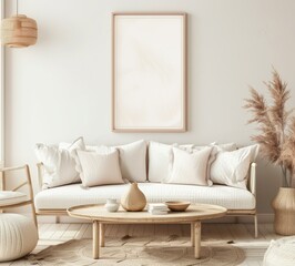 Minimalist living room interior design with a white sofa. a wooden coffee table. a round rug. and a pampas grass in a vase
