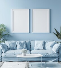 Two blank frames hanging on a blue wall above a light blue sofa with pillows. a coffee table. and plants in a minimalist living room