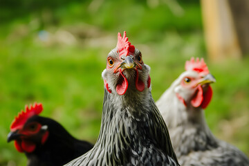Curious Hen Looking at Camera with Other Chickens in Background
