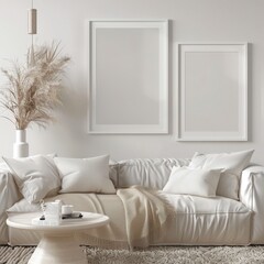 A minimalist living room with a white sofa. two framed pictures. a coffee table with a vase of dried reeds. a blanket. and pillows