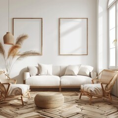 Minimalist living room with a white sofa. two armchairs. a wicker ottoman. two empty frames. a large plant. and a hanging wicker lamp The room has a white wall and a wooden floor