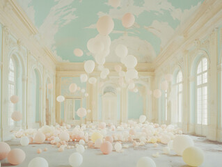 Pastel Balloons Floating in Abandoned Grand Hall Elegant Interior Design Concept