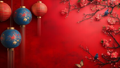 Obraz premium Blue birds on cherry blossoms beside ornate lanterns, with butterflies on a rich red backdrop creating a serene ambiance.