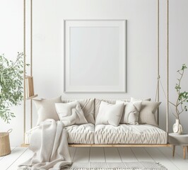 Minimalist living room interior design with a swing sofa. a large framed picture on the wall. and plants