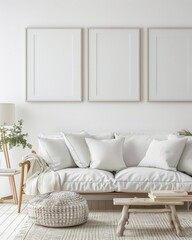 Minimalist living room interior with white sofa. wooden table. and three empty picture frames