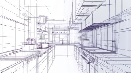 Fototapeta premium Blueprint of a modern kitchen with cabinets, counters, and appliances.