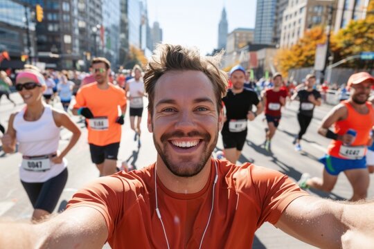 Smiling man taking selfie during city marathon with fellow runners in morning sunlight