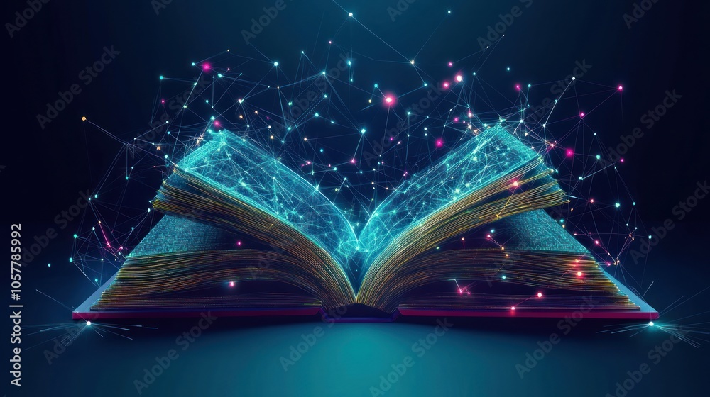 Canvas Prints an open book with a glowing blue, purple, and orange digital network of connected lines and points.