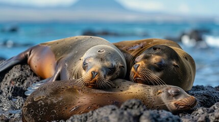 Obraz premium Sea lions with sleek, shiny fur resting on sunlit rocks with a serene ocean horizon in the background.