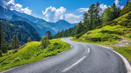 Serene Austrian asphalt road winding through a picturesque valley