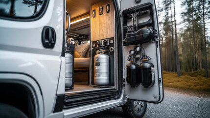 Interior view of a camper van with open rear doors showing propane tanks and storage compartments with a forest background