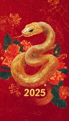 Obraz premium A golden snake depicted alongside vibrant flowers on a red backdrop. The design is intricate and visually striking.