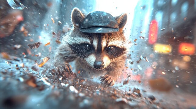 A raccoon wearing a cap scurries through a cluttered city street after a rainstorm in the morning light