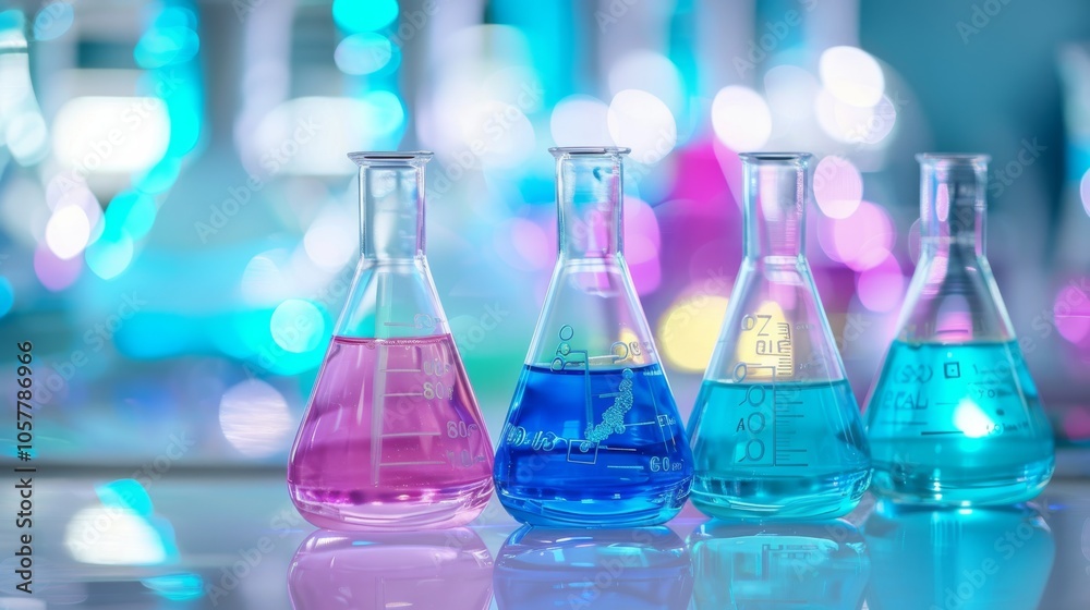 Poster set of beakers filled with different colored solutions