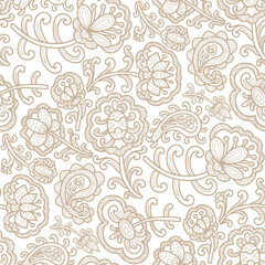 Swirl, hand drawn, beige colour ornamental flowers, paisley pattern, white background. Seamless floral pattern-477.