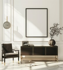 A modern living room interior with a large blank poster frame. a plush armchair. a decorative vase with dried branches. and a sleek cabinet with gold accents The room is bathed in sunlight streaming t