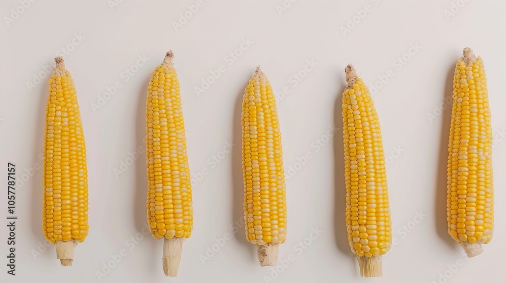Poster several corn cobs placed in a row against a clean white background